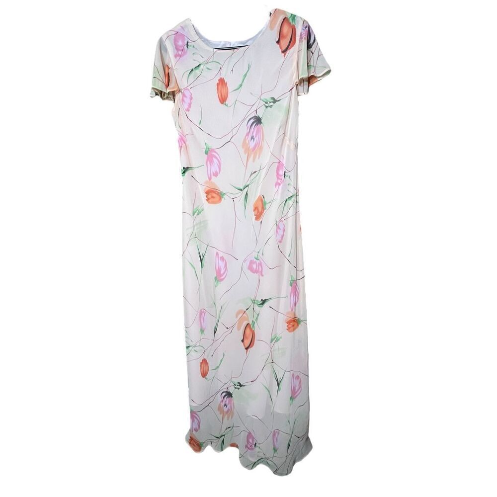 Vintage Y2K Mary McFadden Pink Peach Floral Flutter Cap Sleeve Maxi Dress Size 1